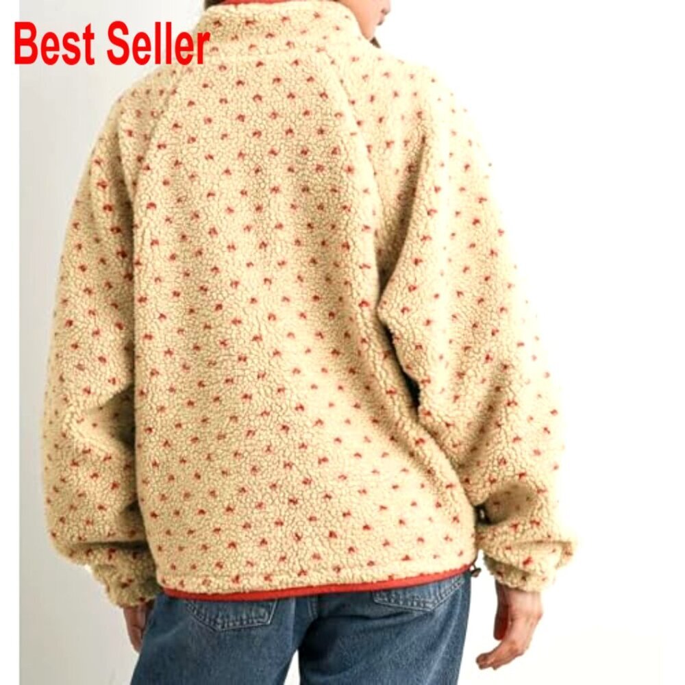 Oversized Sherpa Puffer Jacket Button Down High Neck Polka Dot Cozy Quilted - Picture 5 of 7